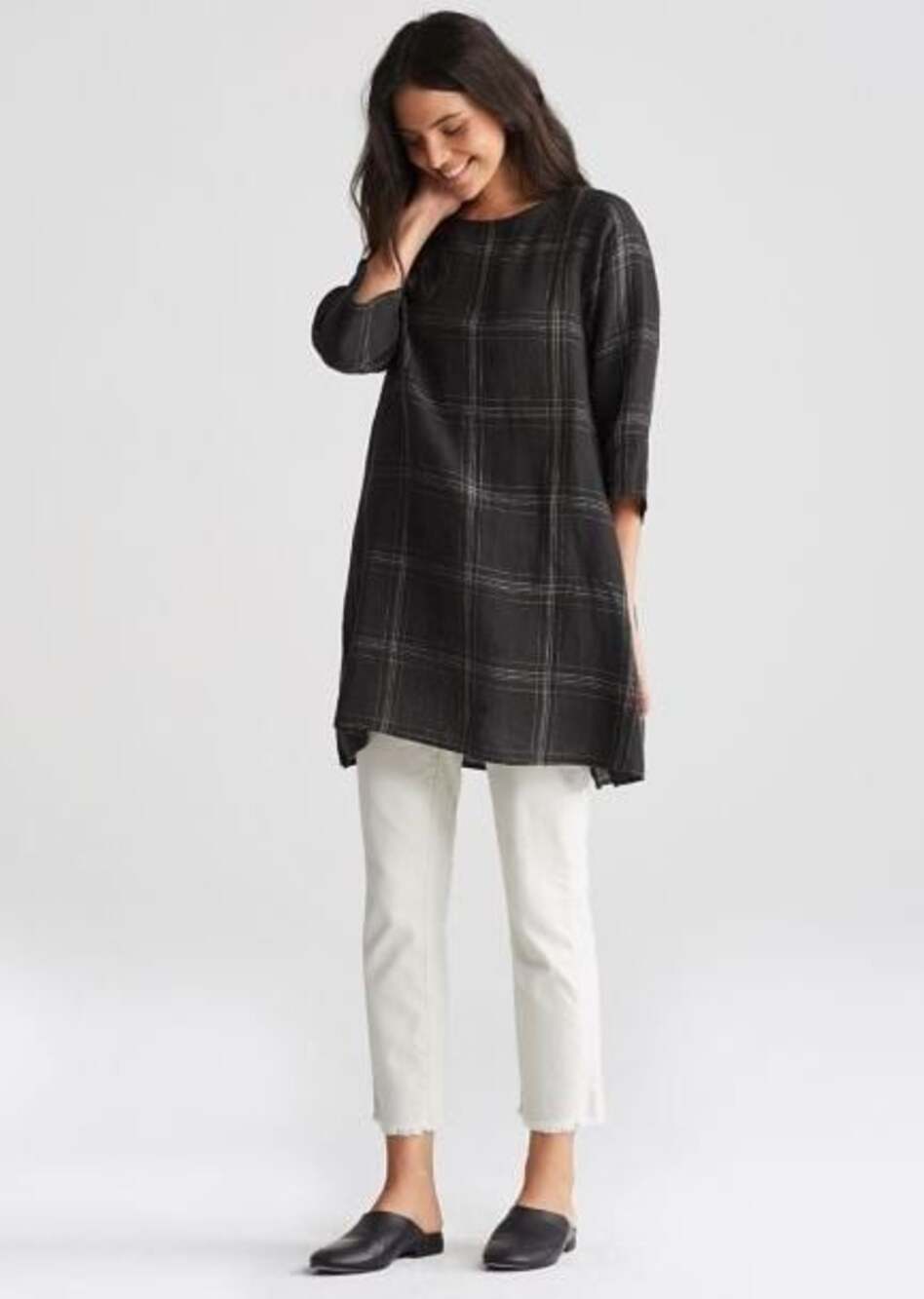 Eileen Fisher Windowpane Plaid Tunic Top US S EU 36 Womens Black $198